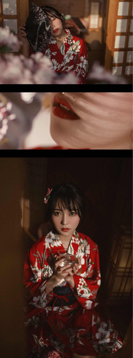 日本红唇红色和服美女嫩模私拍图片